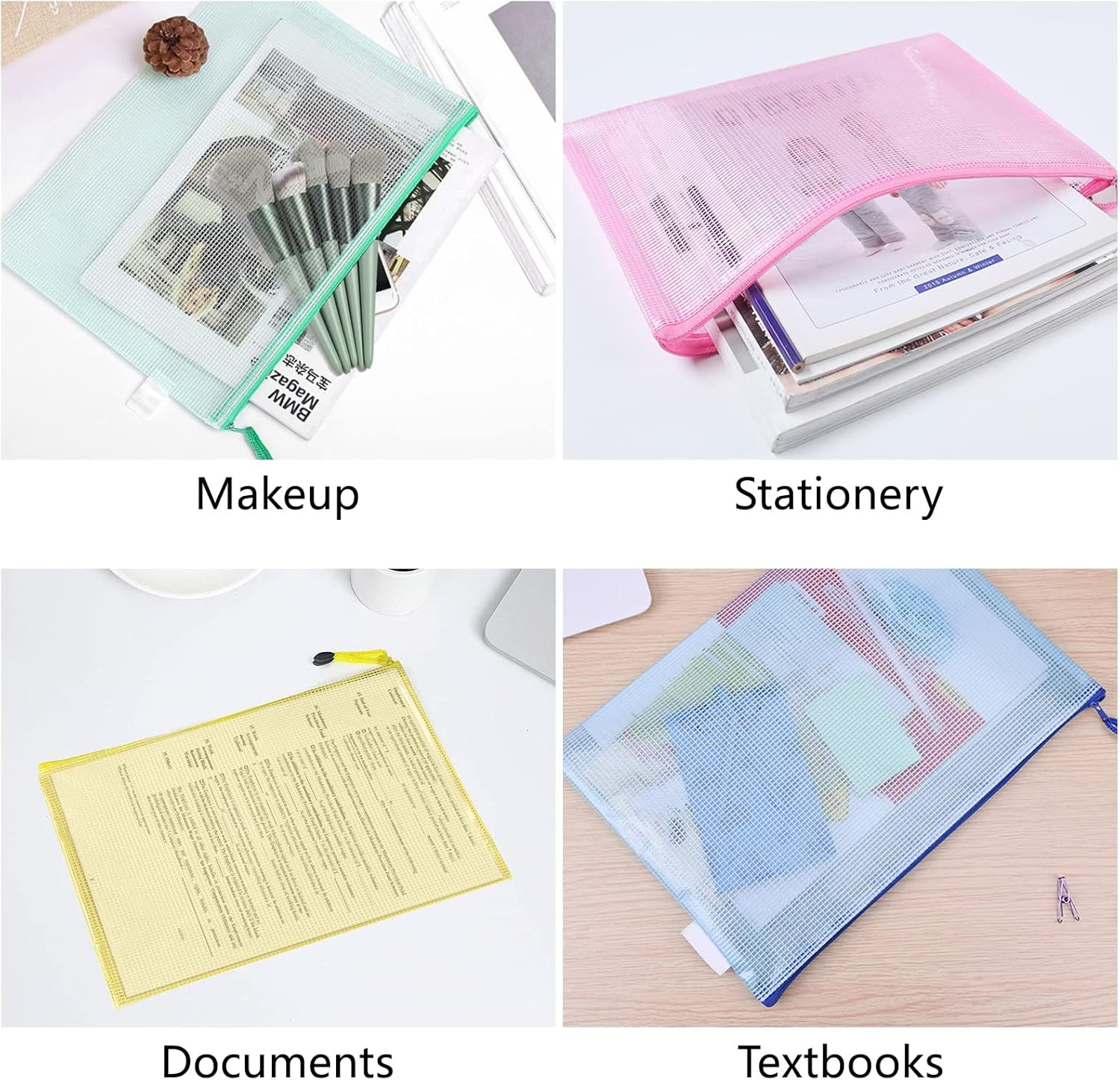 SAYEEC 6 Pack Mesh Zipper Pouch, A4 Letter Size Plastic Zipper Bags for Organizing, Waterproof Zip File Folders Document Storage Bags for Travel School Office Home Supplies Organization (6 Colors) image number 2