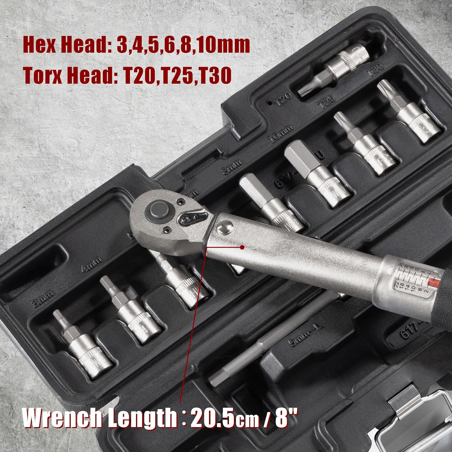 Venzo Bicycle Bike 1/4 Inch Driver - Torque Wrench Allen Key Tools Socket Set Kit 2-24Nm - Small Adjustable image number 4