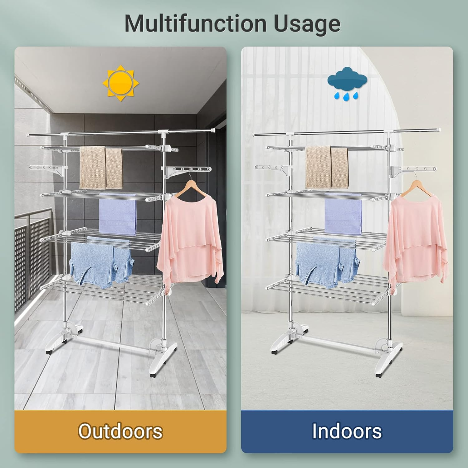 Todeco Clothes Drying Rack,4 Tier Foldable Laundry Drying Rack with Extended Top Bar,High Load Capacity Stainless Steel Space-Saving Clothes Airer with 2 Extra Adjustable Dry Rail Hanger,W/6 Casters image number 6