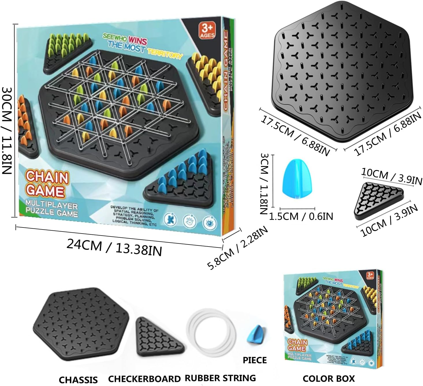 Chain Triangle Chess Game, Triggle Board Game,Family Fun Night Chess Set, Triggle Elastic Band Game for Kids & Adults, 2-4 Players, Interactive Brain Teaser image number 6