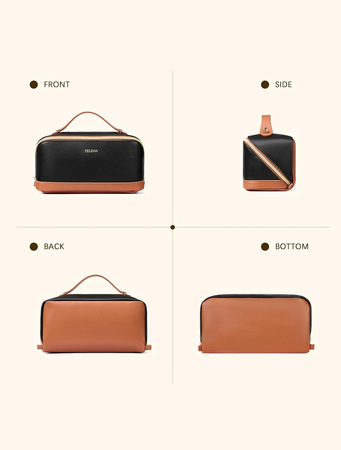 DDPOND Makeup Bag Large Capacity Travel Cosmetic Portable PU Leather Water Resistant Organizer Bags for Women with Handle and Divider Open Flat Beige with Brown image number 2