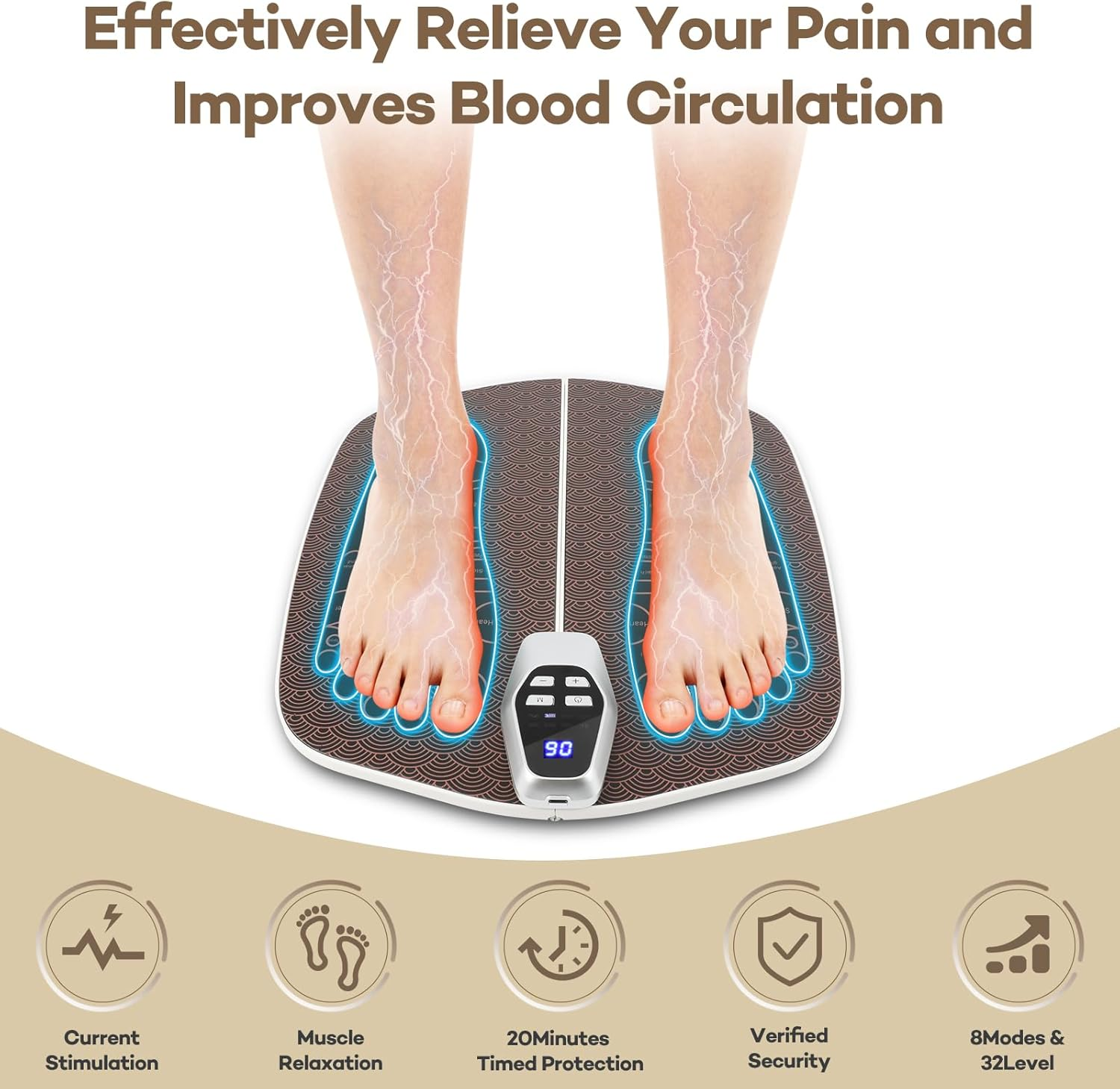 SNUYUERS Foot Massager Mat for Neuropathy,Ems Foot Massager for Circulation and Pain Relief, Foldable Feet and Calves Massage Machine with 8 Modes and 32 Intensity Levels for Muscle Relaxation image number 3