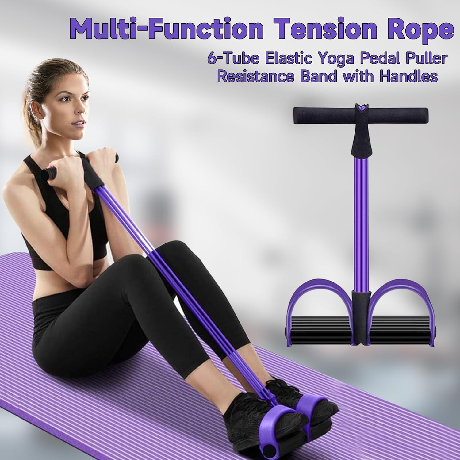 Multi-Function Tension Rope, 6-Tube Elastic Yoga Pedal Puller Resistance Band with Handles, Natural Latex Sit up Exercise Equipment Home Gym Tummy Trainer for Men Women image number 3