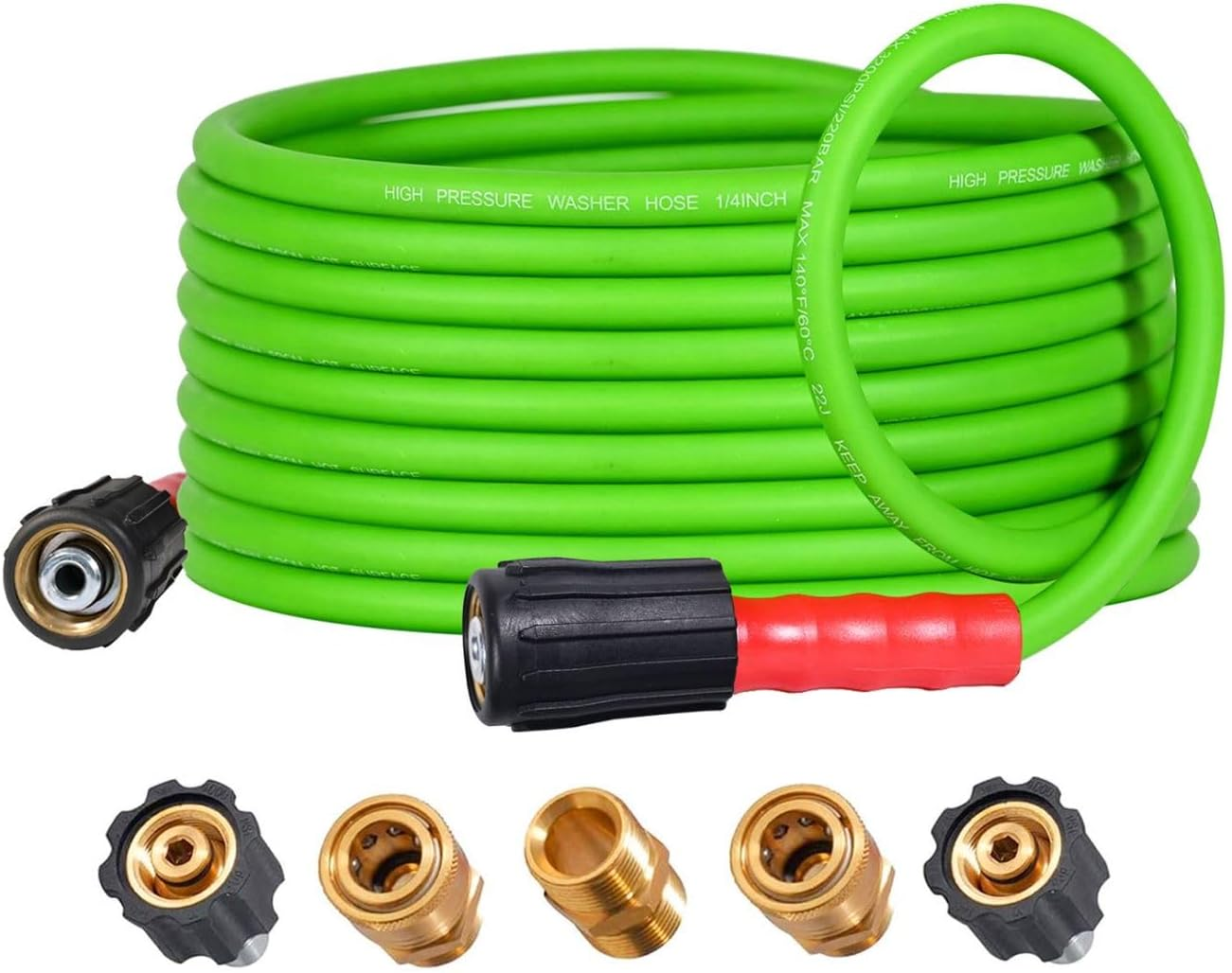 YAMATIC Super Flexible Pressure Washer Hose 25FT for Power Washer Replacement, Kink Resistant Extension with Leak-Free M22 Female & 3/8" Quick Connect Adapters, 1/4" 3200 PSI, Green image number 1