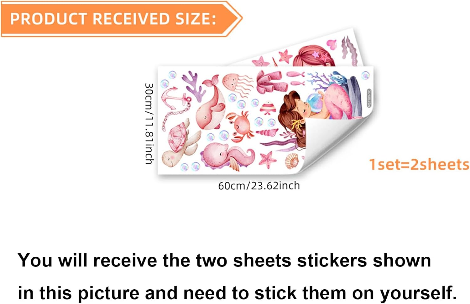 Mermaid Wall Decal Mermaid Fish Wall Stickers under the Sea Marine Fish Whale Turtle Seaweed Grass Bubble Wall Stickers - Bathroom Baby Kids Nursery Girls Bedroom Daycare Wall Decor image number 1