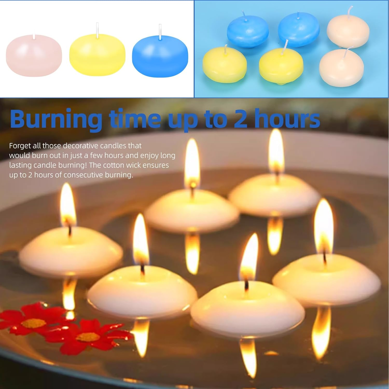 Glarks 18Pcs 3 Colors Floating Candles Set 1.4In Ivory-White, Yellow, Blue Floating Disc Candle Water Tealight Candles for Centerpieces at Halloween Fall Wedding Dinner Party Spa Treatments image number 2