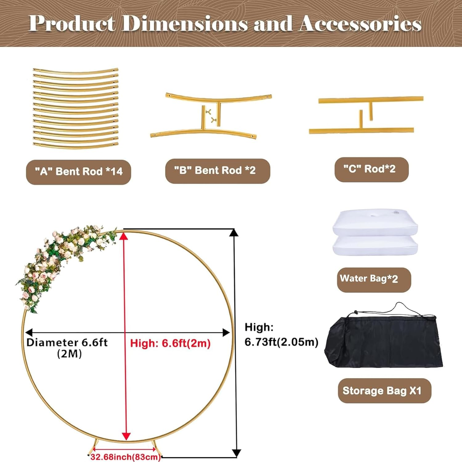 Round Backdrop Stand, Metal Balloon Arch Stand, Circle Garland Frame for Wedding Birthday Party Baby Shower Graduation Decoration, Gold Diameter 2M image number 4