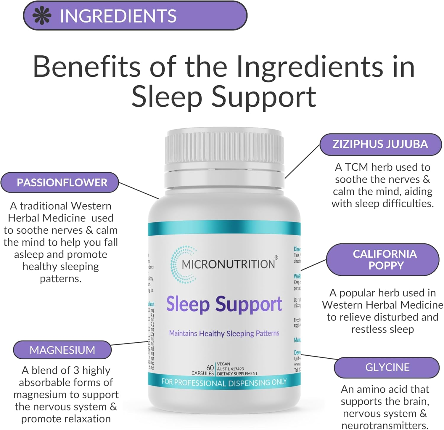 Sleep Support (60 Capsules) - Sleep Supplement Tablets - Herbal Sleep Aid with Magnesium, Passionflower & California Poppy - Maintains Healthy Sleeping Patterns (30-Day Supply) - MICRONUTRITION image number 4