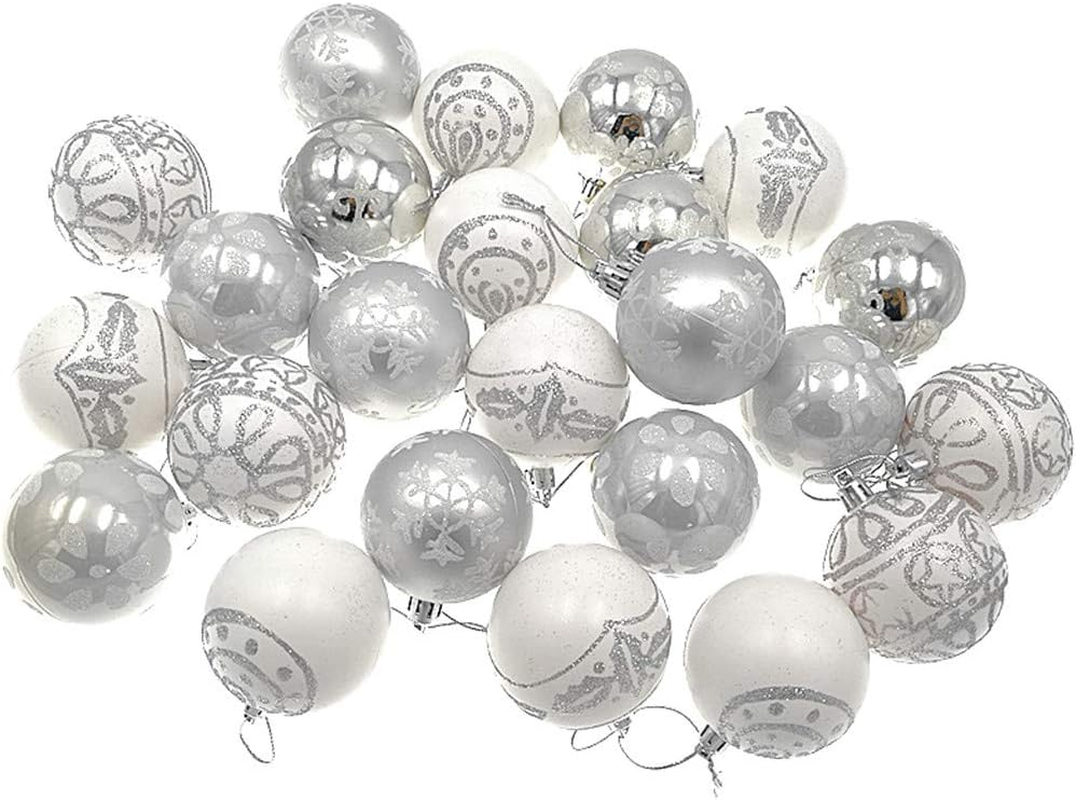Alimitopia 24Pcs Christmas Ball Baubles,2.4" Shatterproof Assorted Painting Patterns Hang Balls Pendant for Xmas Tree Decoration(6Cm,Silver&White) - Style 2 image number 3