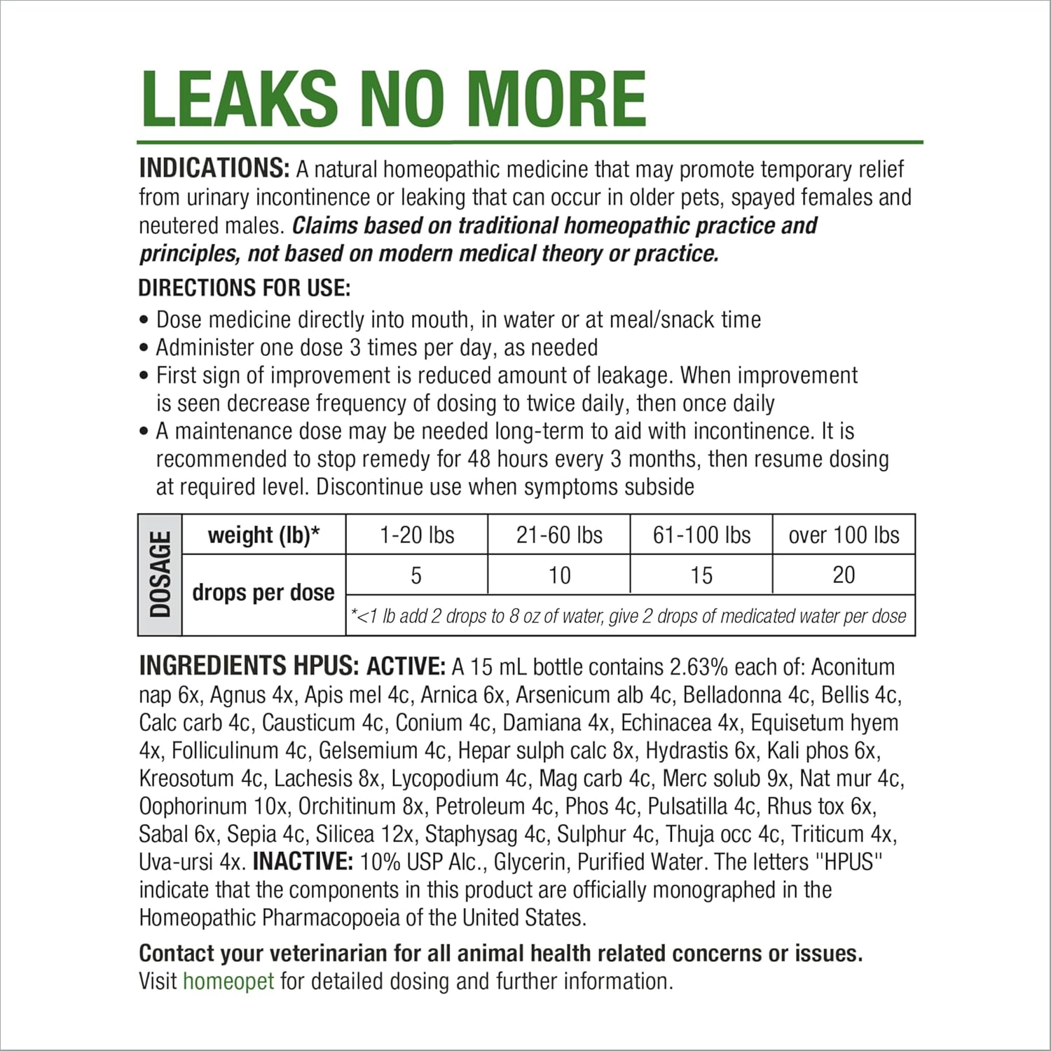 Homeopet Leaks No More, Urinary Incontinence Relief for Pets, 15 Milliliters image number 3