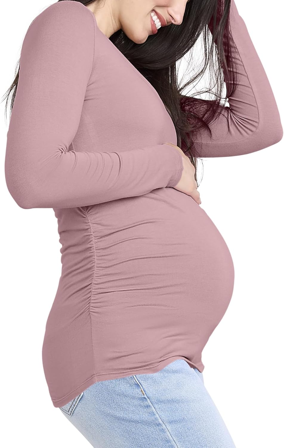 Motherhood Maternity Women'S Maternity Long Sleeve V-Neck Side Ruched Tee Shirt image number 3