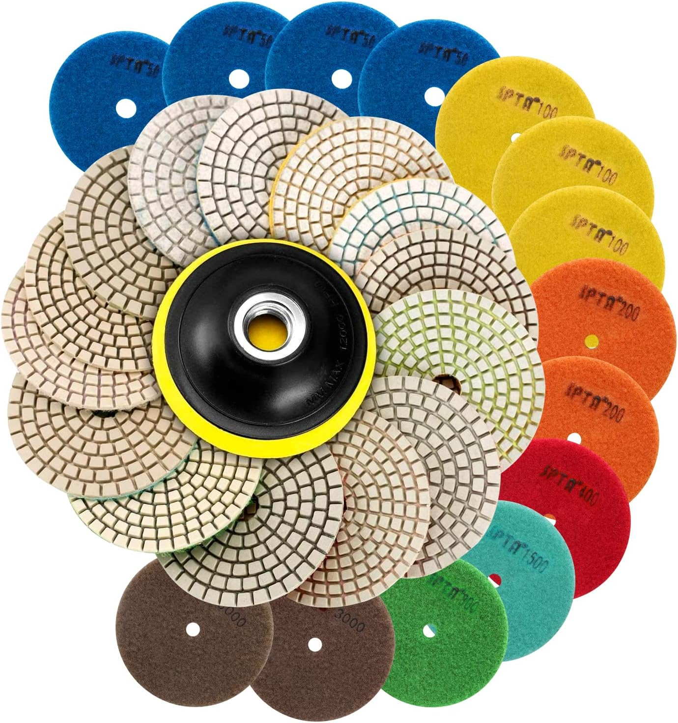 SPTA 15Pcs Diamond Wet Polishing Pads Set, 4 Inch Pads for Granite Stone Concrete Marble Floor Grinder or Polisher, 50#-6000# with Hook & Loop Backing Holder Pads for Wet Polisher image number 3