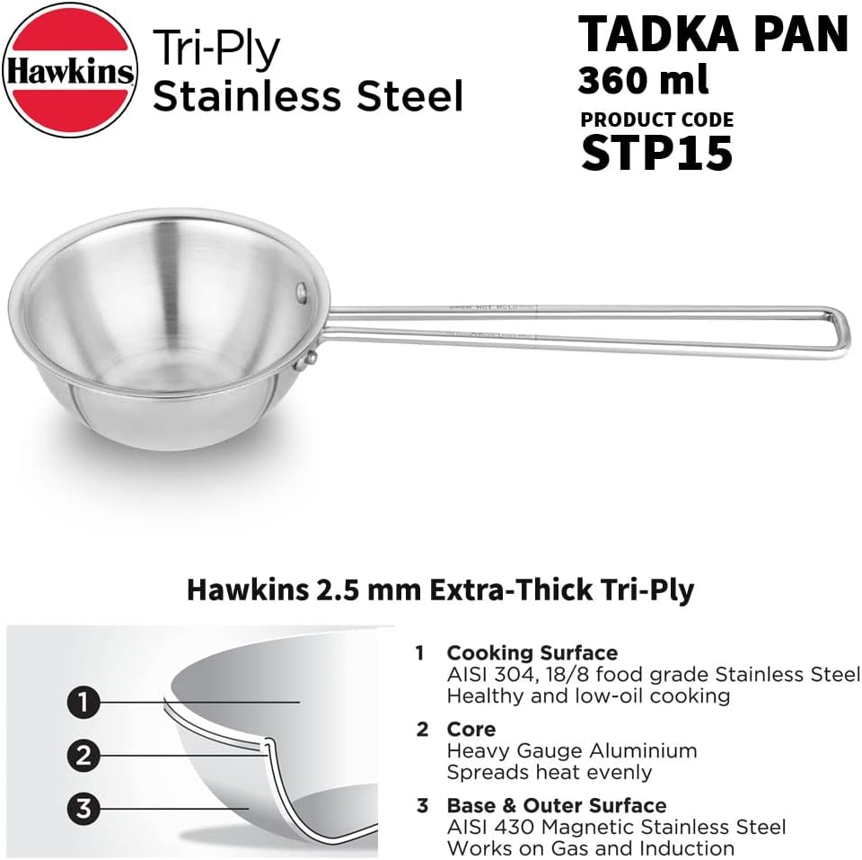 Hawkins 1.5 Cup Tadka Pan, 360 Ml Triply Stainless Steel Pan, Induction Pan, Silver (STP15) image number 5