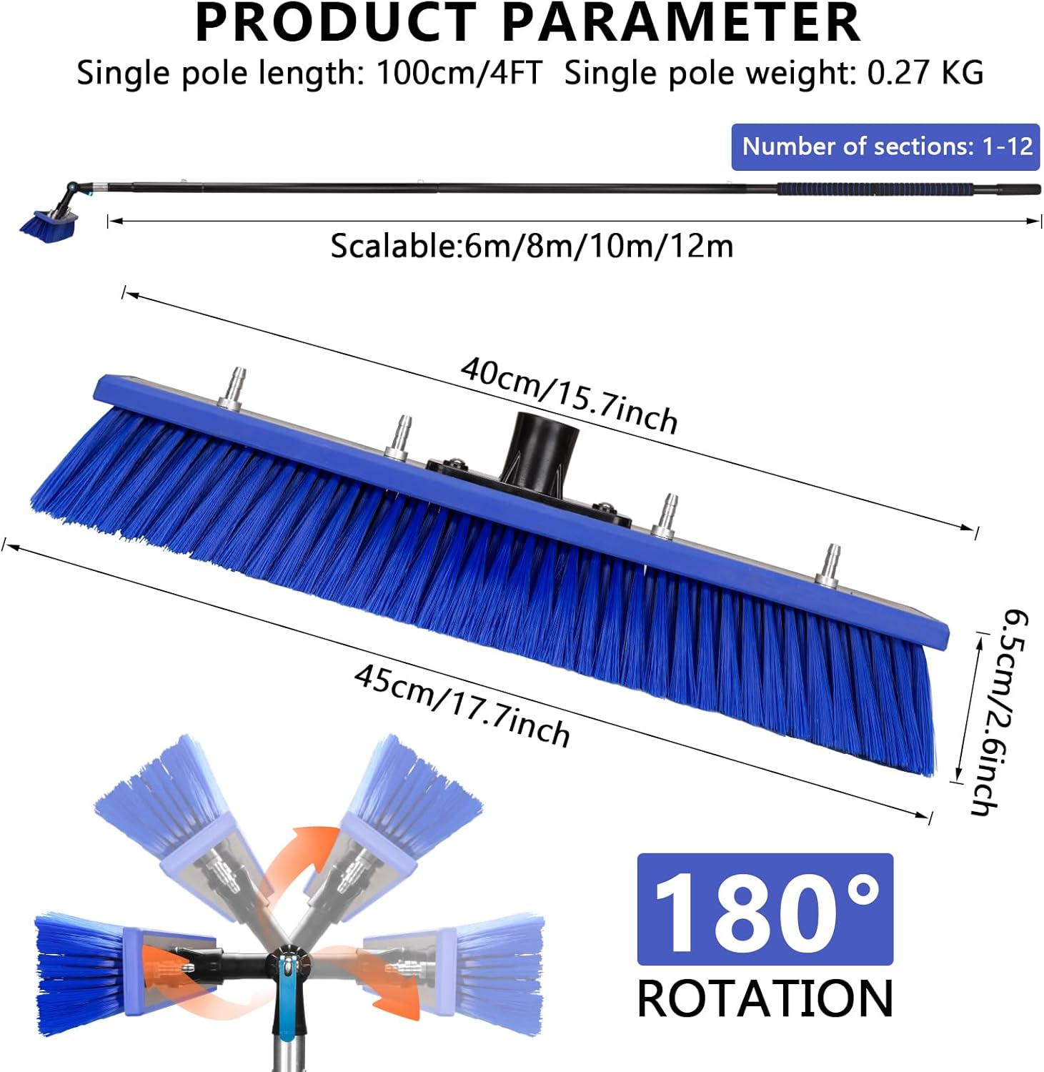Water Fed Pole Kit, Window Solar Panel Cleaning Kit, 12M Window Washing Cleaner Equipment, Outdoor Windows Glass Water Brush Cleaner Tool image number 6