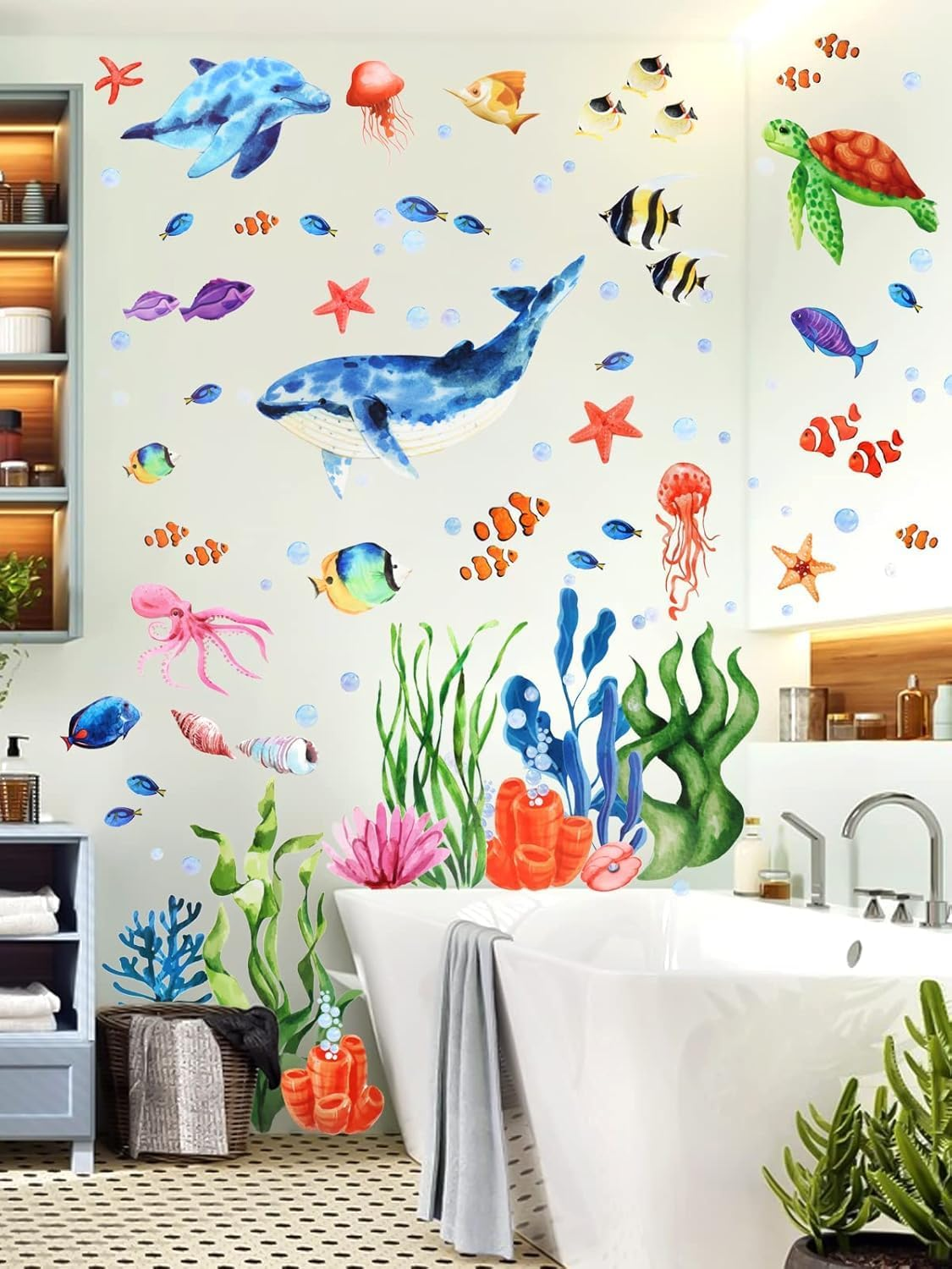 Kalolary under the Sea Wall Decals Sea Turtle Whale Dolphin Starfish Wall Stickers 3D Coral Reef Ocean Grass Bubbles Wall Decals Wall Decoration for Wall Corner Nursery Room Children Bedroom Bathroom