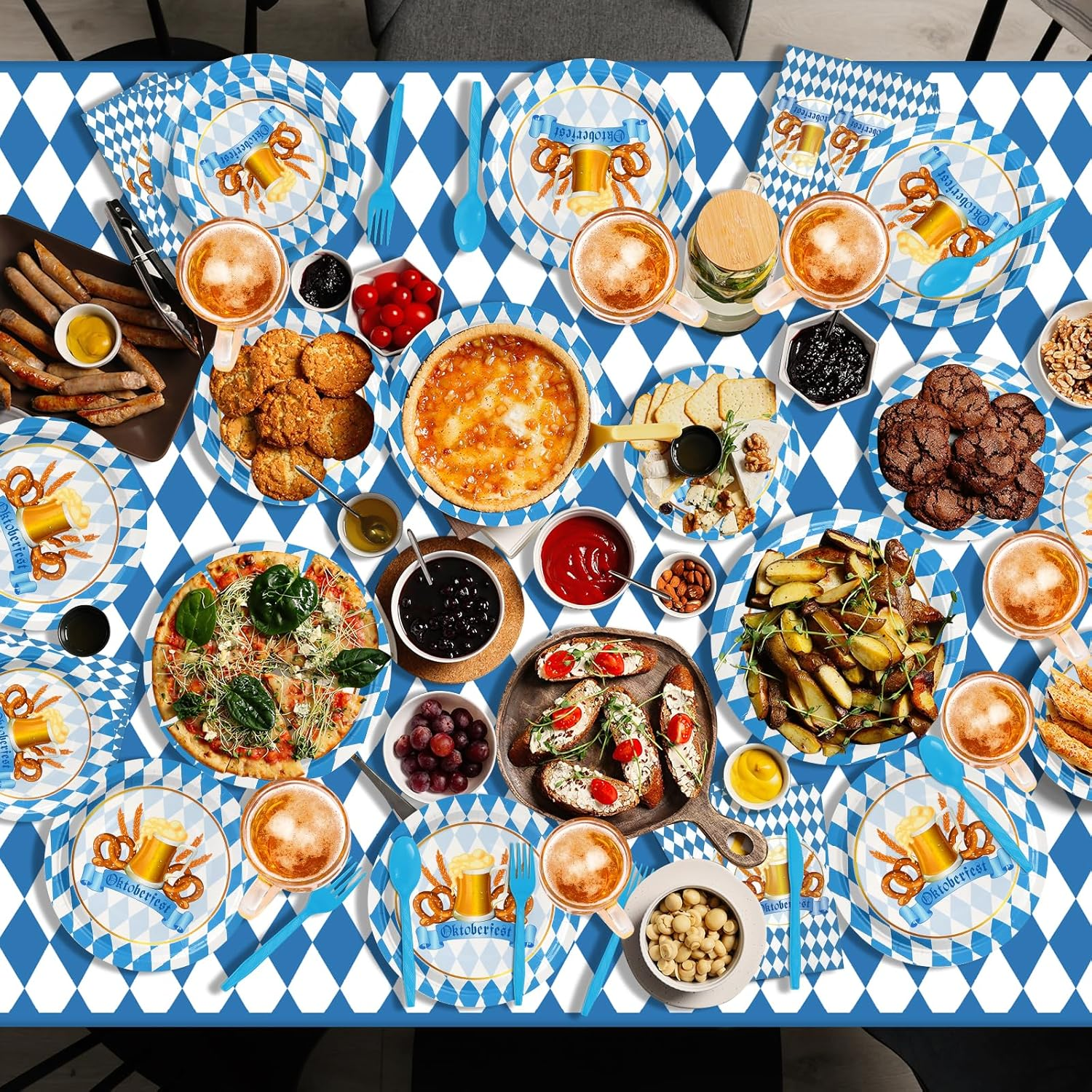 Ragnhild Oktoberfest Party Supplies Decorations, Blue & White Checkered Flag Tablecloth, Banner, Plates, Napkins, Cutlery Set for Oktoberfest Festival image number 1