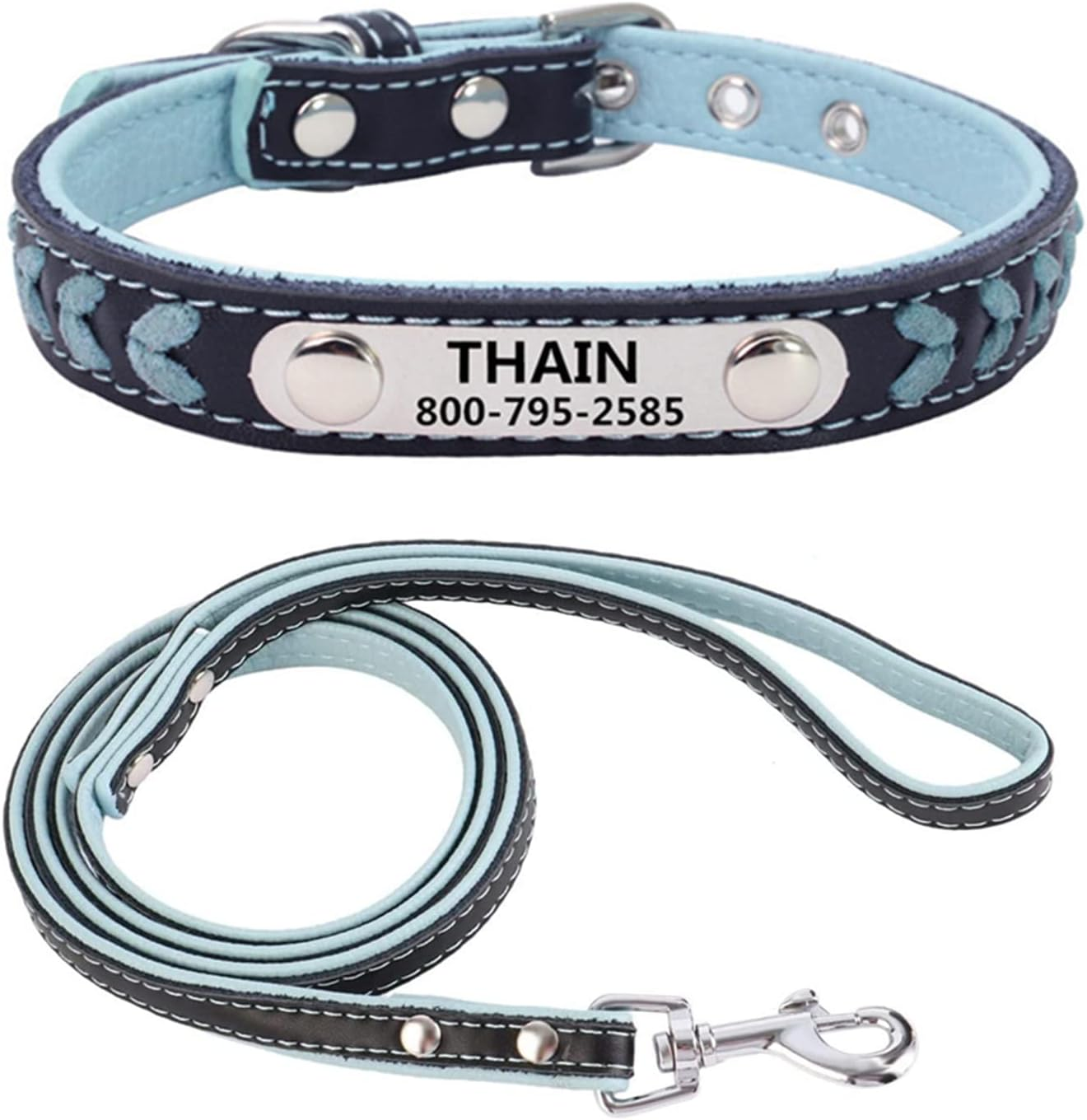 THAIN Leather Custom Collar,Braided Leather Engraved Dog Collars with Personalized Stainless Steel Nameplate for Small Medium Large Dogs (L(Neck 14.17"-18.11"), Yellow)