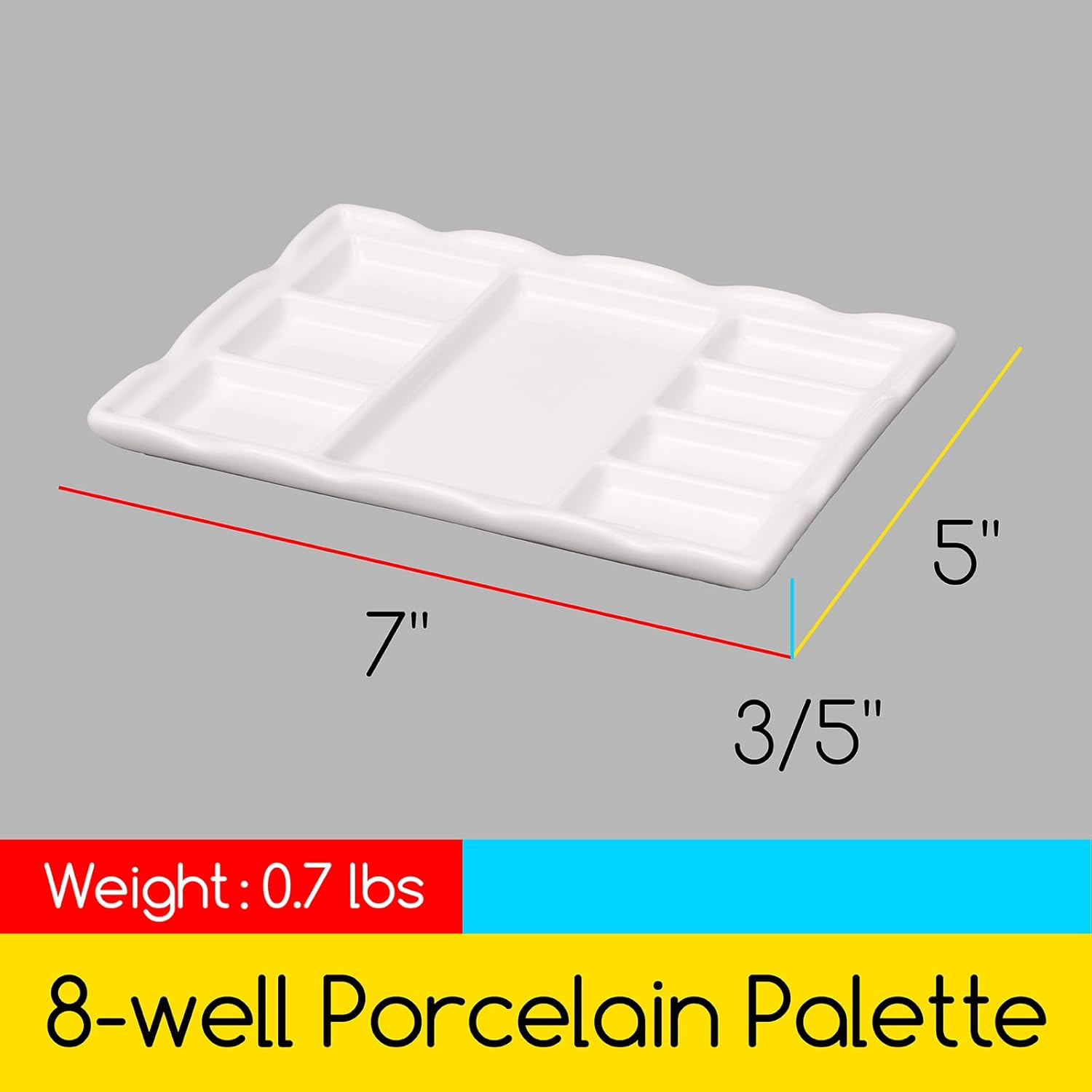 MEEDEN 8-Well Ceramic Artist Paint Palette with Brush Holders, Porcelain Mixing Tray for Watercolor, Gouache, Acrylic Painting, 7&rdquo;X 5.2&rdquo;X 0.6&rdquo;