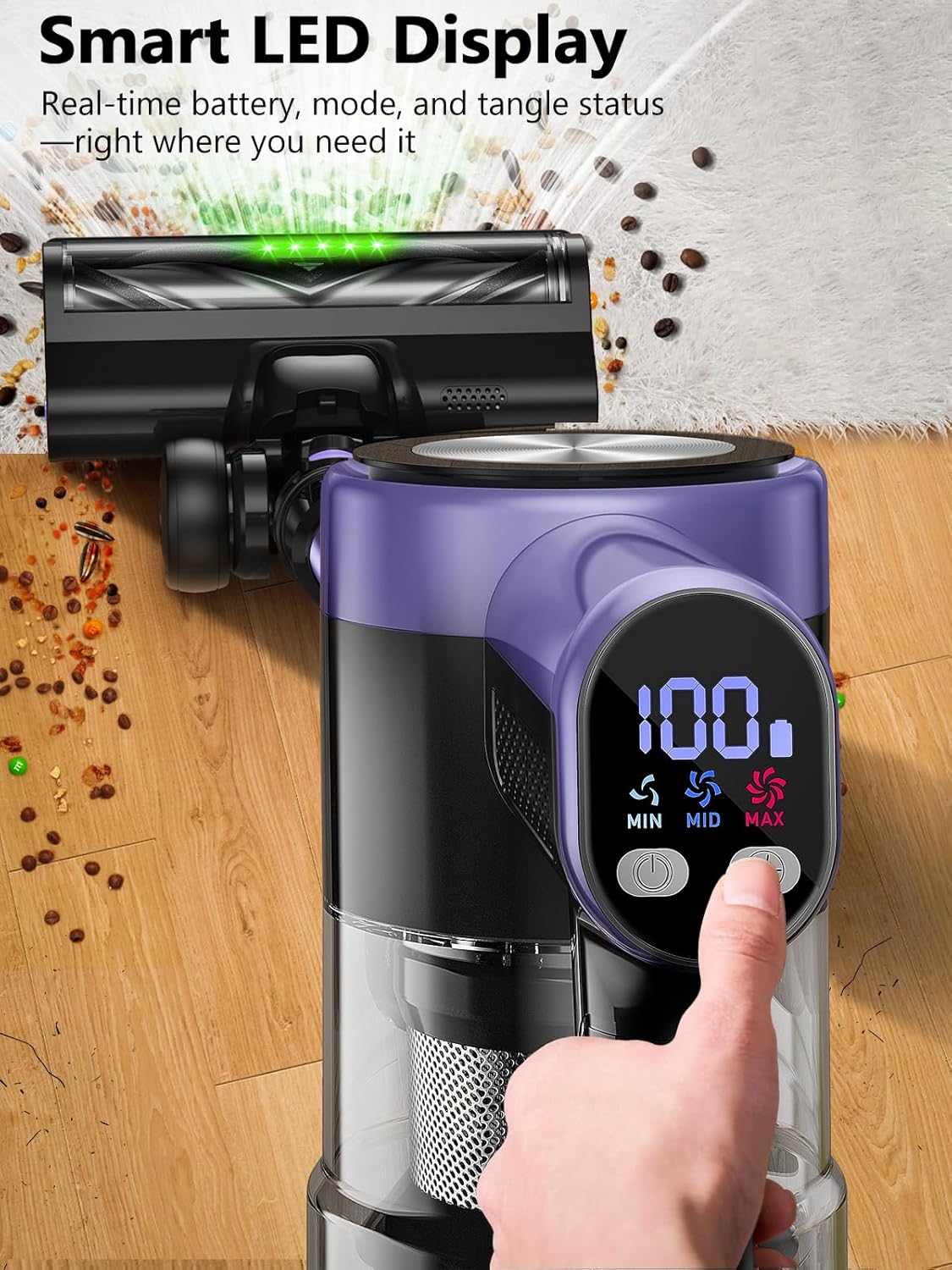 Cordless Vacuum Cleaner, 46Kpa/500W Stick Vacuum with 55 Mins Runtime, Self-Standing Vacuum Cleaner for Home, LED Display, Anti-Tangle Brush, Rechargeable Vacuum for Pet Hair, Carpet & Hard Floors image number 3