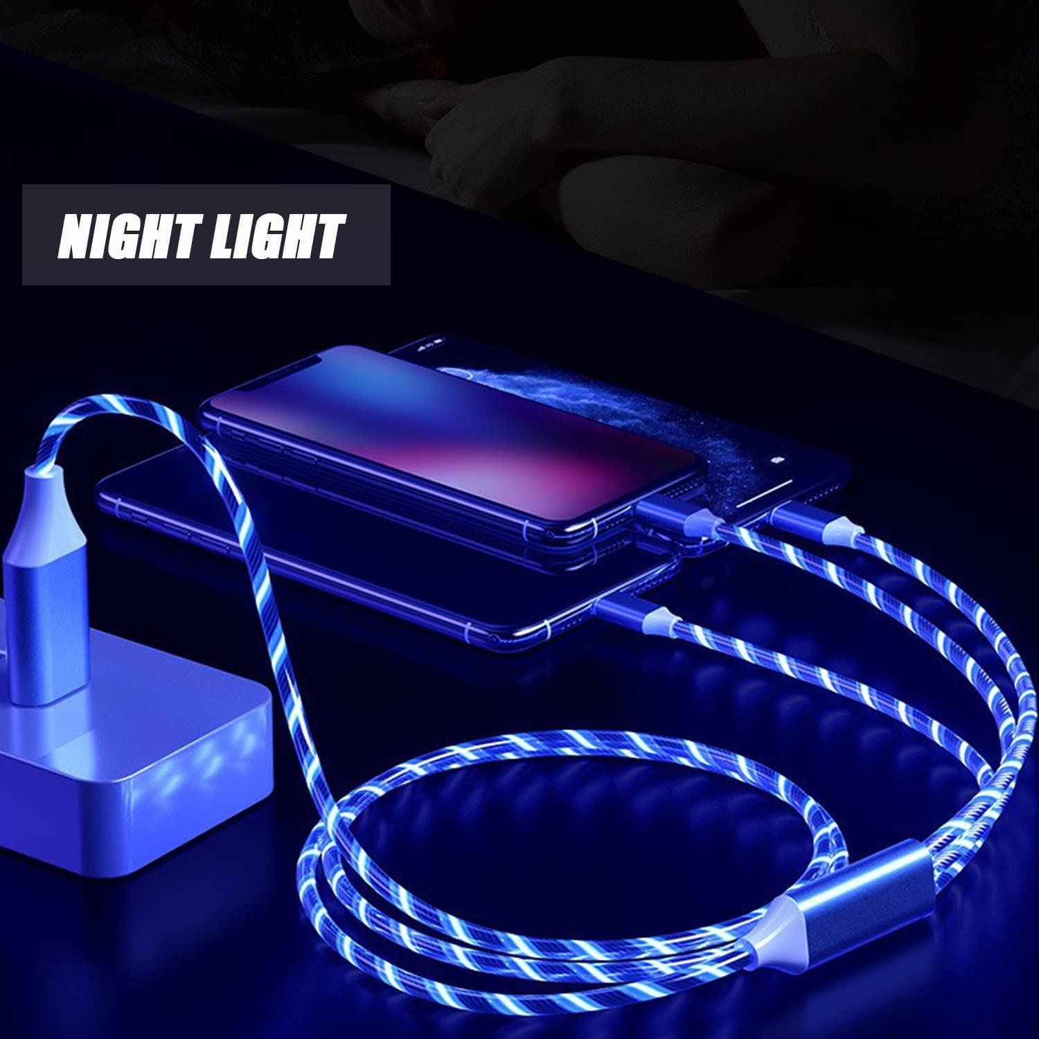 NDBOX 3-In-1 Glowing Charger Cable Compatible with or Replacement for Micro-Usb, Type-C, Phone Chargers - 100Cm Length (Multicolor)