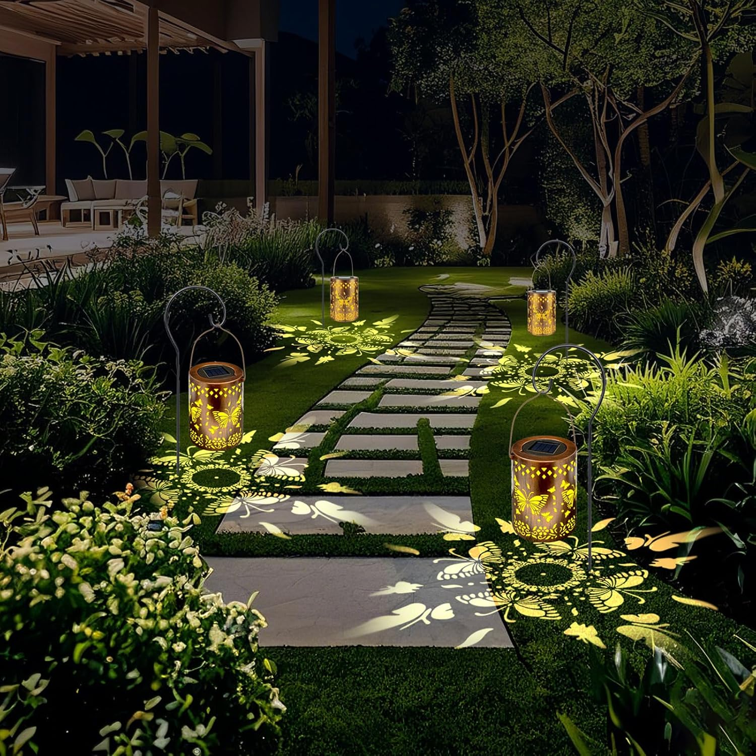 Solar Lanterns Outdoor Waterproof Butterfly Garden Lantern Birthday Holiday Gifts for Women Mom Grandma, Hanging Solar Lights Metal Decoration outside for Yard, Patio, Backyard, Porch, 2 Pack image number 5