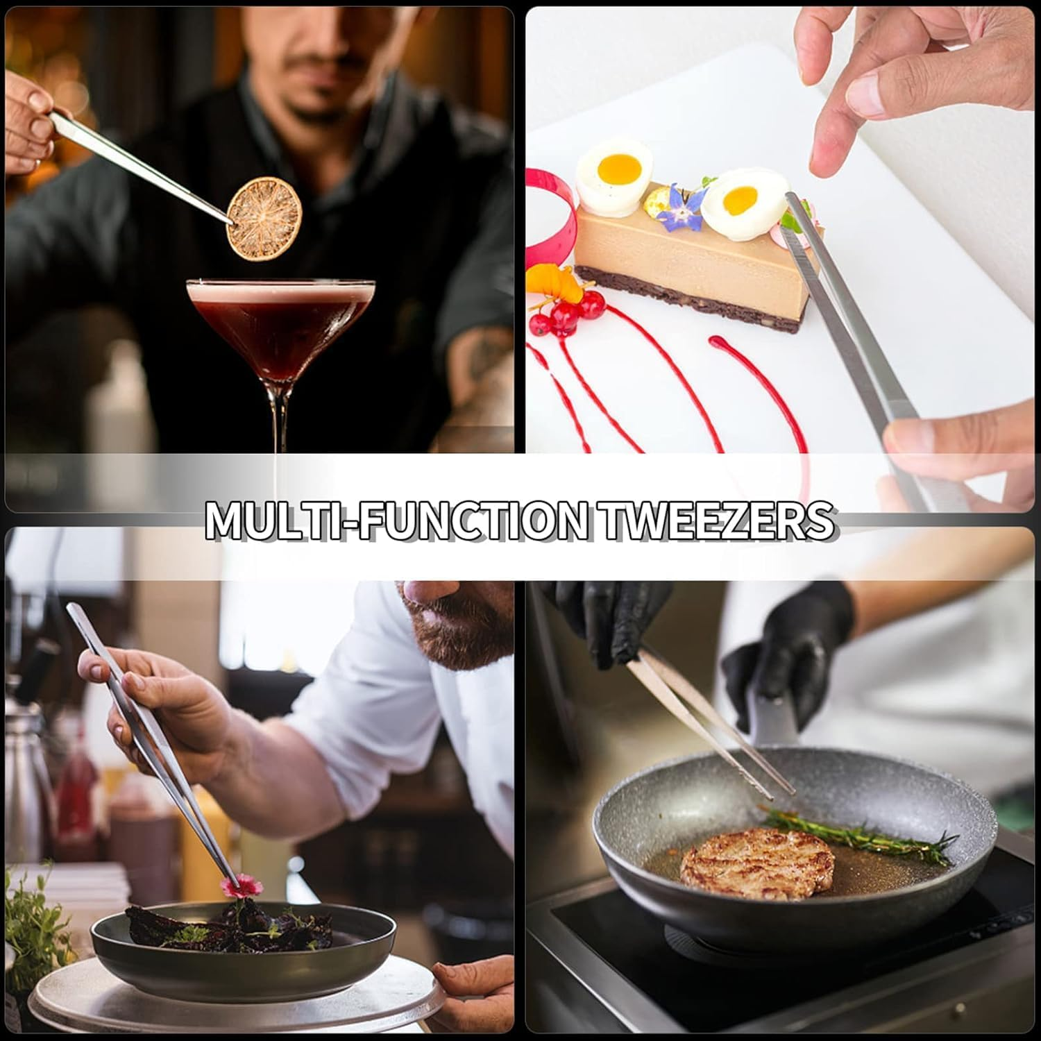 Lexziuo 1PCS Stainless Steel Food Tweezers - Reusable Kitchen Tongs for Cooking, Grilling, BBQ & Plating | Professional Chef Tweezers for Precision Handling, Garnishing & Serving image number 3