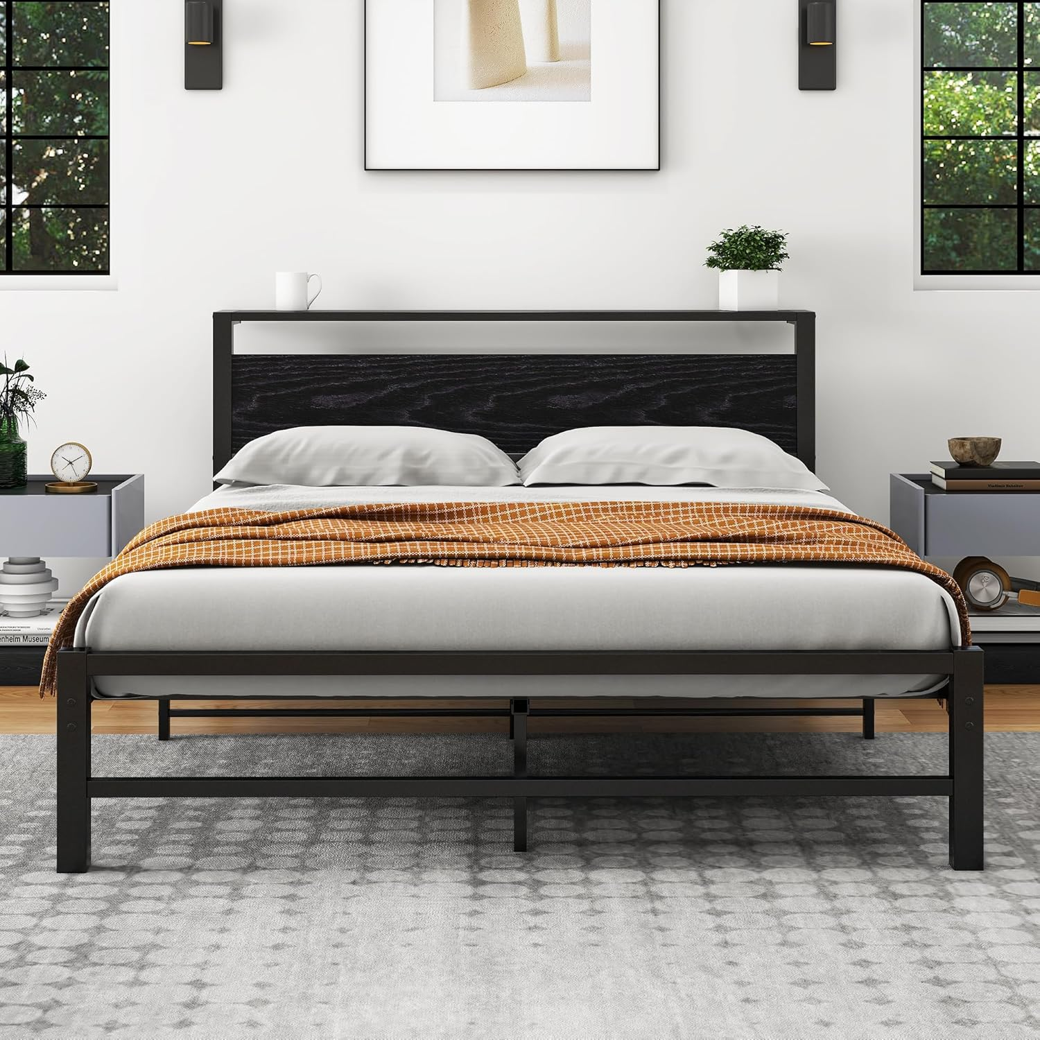 Queen Bed Frame with Wood Storage Headboard, Metal Platform Bed Frame Queen Size No Box Spring Needed, Strong Slats Mattress Foundation, Non-Slip Noise Free, Easy Assembly, Black image number 6