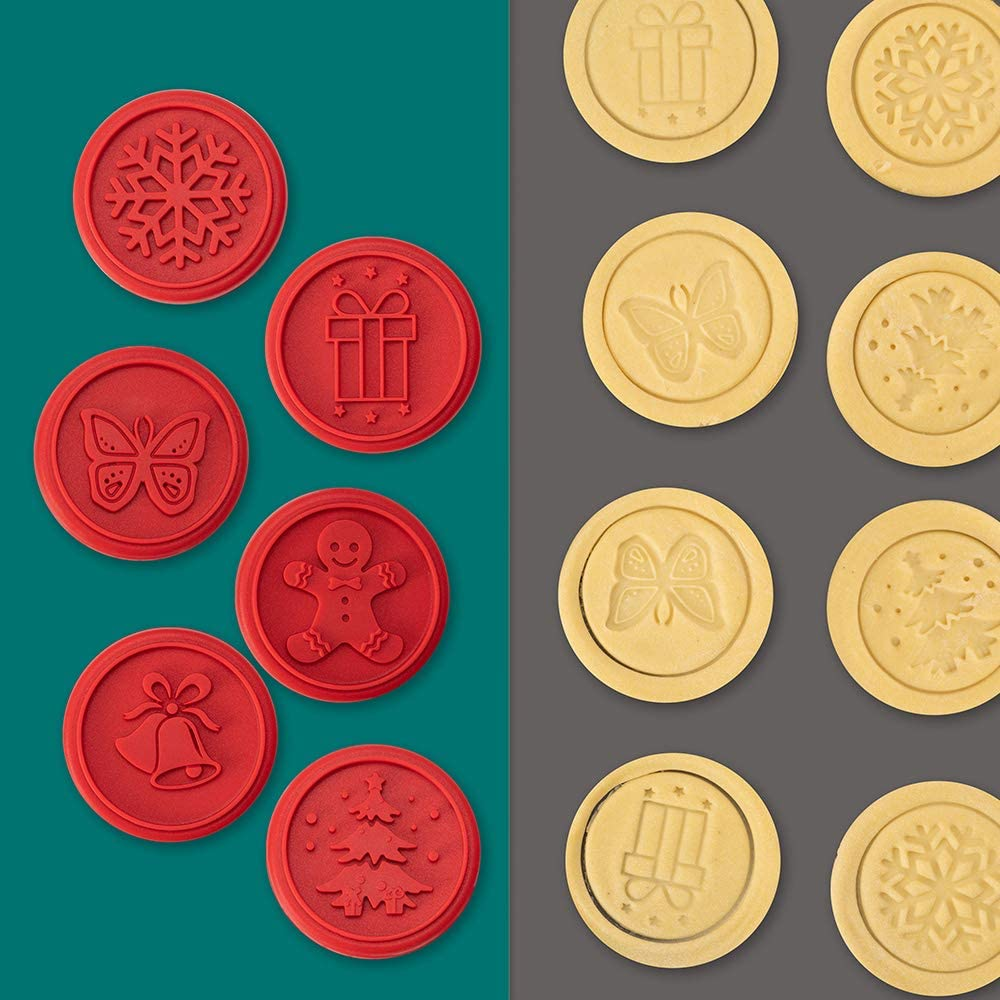 Cute Silicone Cookie Stamps Set- 6PCS Biscuit Cutter Fondant Mooncake Mold with Handle Cake Dessert Adjustable Pressable DIY Baking Decoration Tool for Christmas Holiday Home and Kitchen(Random Color) image number 2