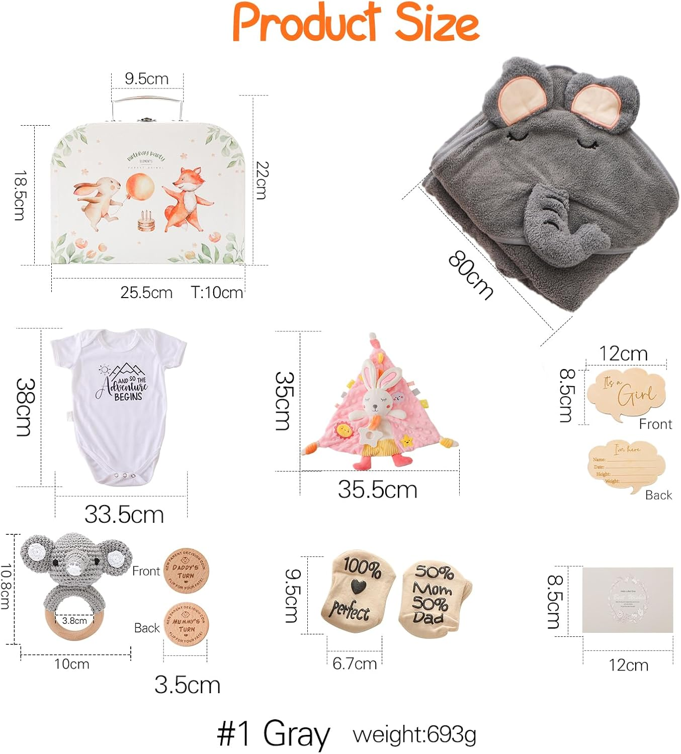 Promise Babe Baby Gift Set Newborn Shower Birth Gifts for Boys Baby Party Bath Towel Milestone Baby Blanket Romper Socks Child Wood Crocheted Elephant Rattle Toy Photo Requisite (For Boy)