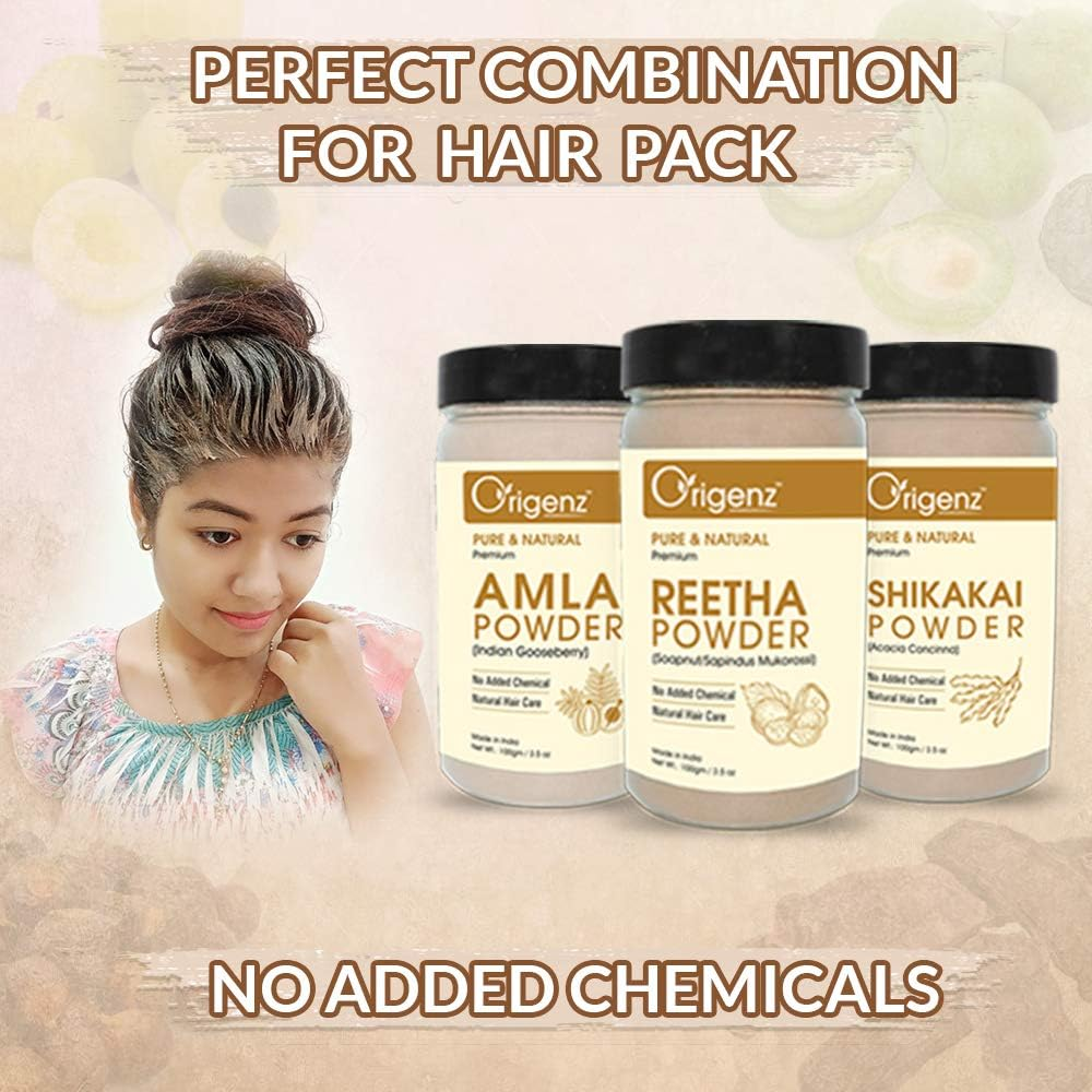 Origenz Reetha, Shikakai and Amla Powder Combo Pack for Hair Care, Wash, Healthy Scalp, Nourishment, Mask, Helps to Control Dandruff, Hairfall | Natural Cleanser | Indian Gooseberry | Sapindus Mukorossi | Acacia Concinna | 300Gm image number 1