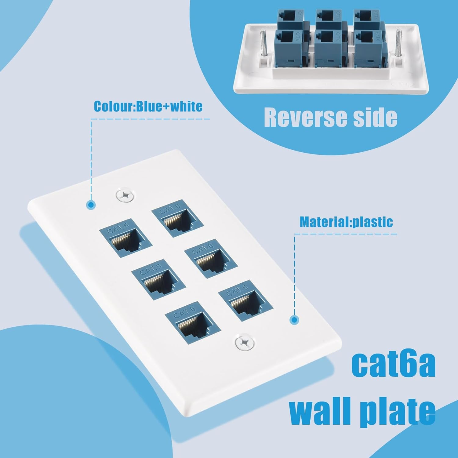 Cat 6 Ethernet Wall Plate 6 Port,Ethernet Wall Plate Female-Female Removable Compatible with Cat7/6/6E/5/5E image number 1