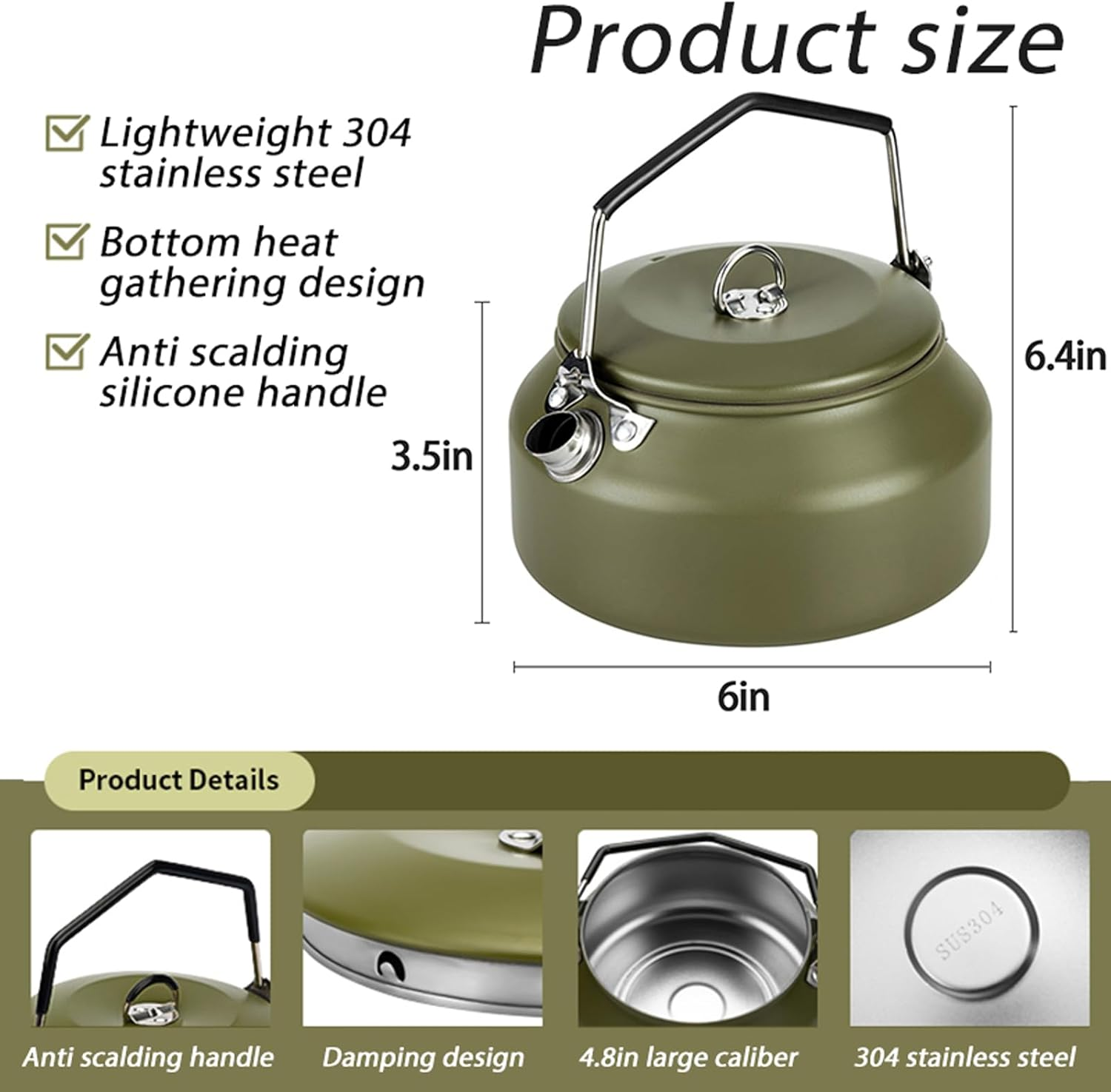Camping Kettle Camp Tea Coffee Pot, 1L Stainless Steel Outdoor Campfire Camp Kettle, Portable Lightweight Teapot Fast Heating Boiling Water, Ideal for Hiking Picnic Travel, Green - Green image number 3