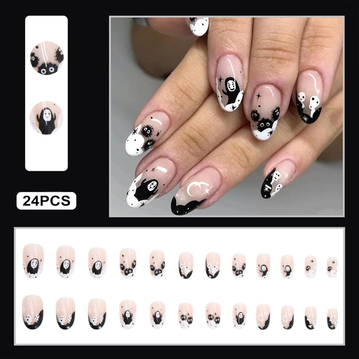 24PCS Halloween Press on Nails Medium French Tip Fake Nails with Ghost Design Cute Cosplay False Nails Glossy and Full Cover Acrylic Nails for Women and Girls image number 4