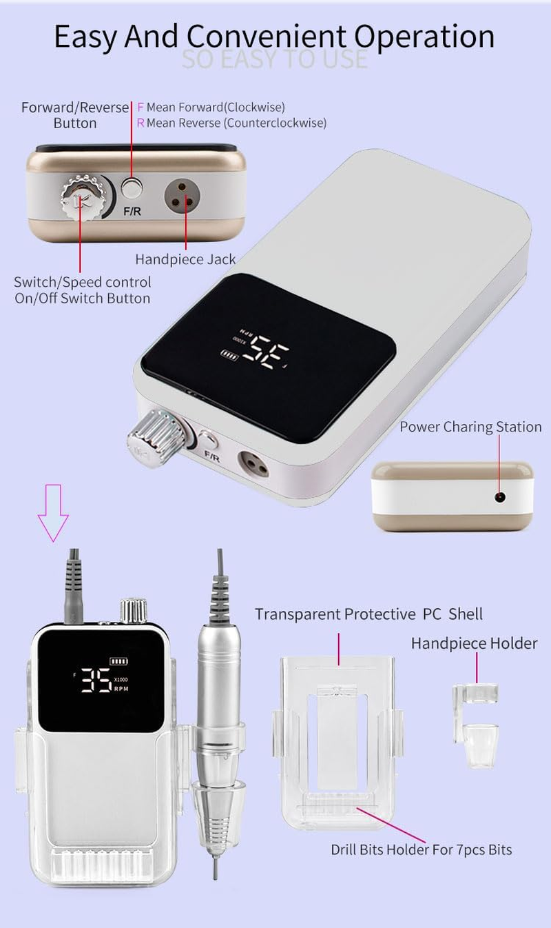 KIARA SKY Nail Drill-Portable Professional Drill-Electric File-Polishing, Removal-For Salon Home (Premium Brushless Motors, White) image number 5