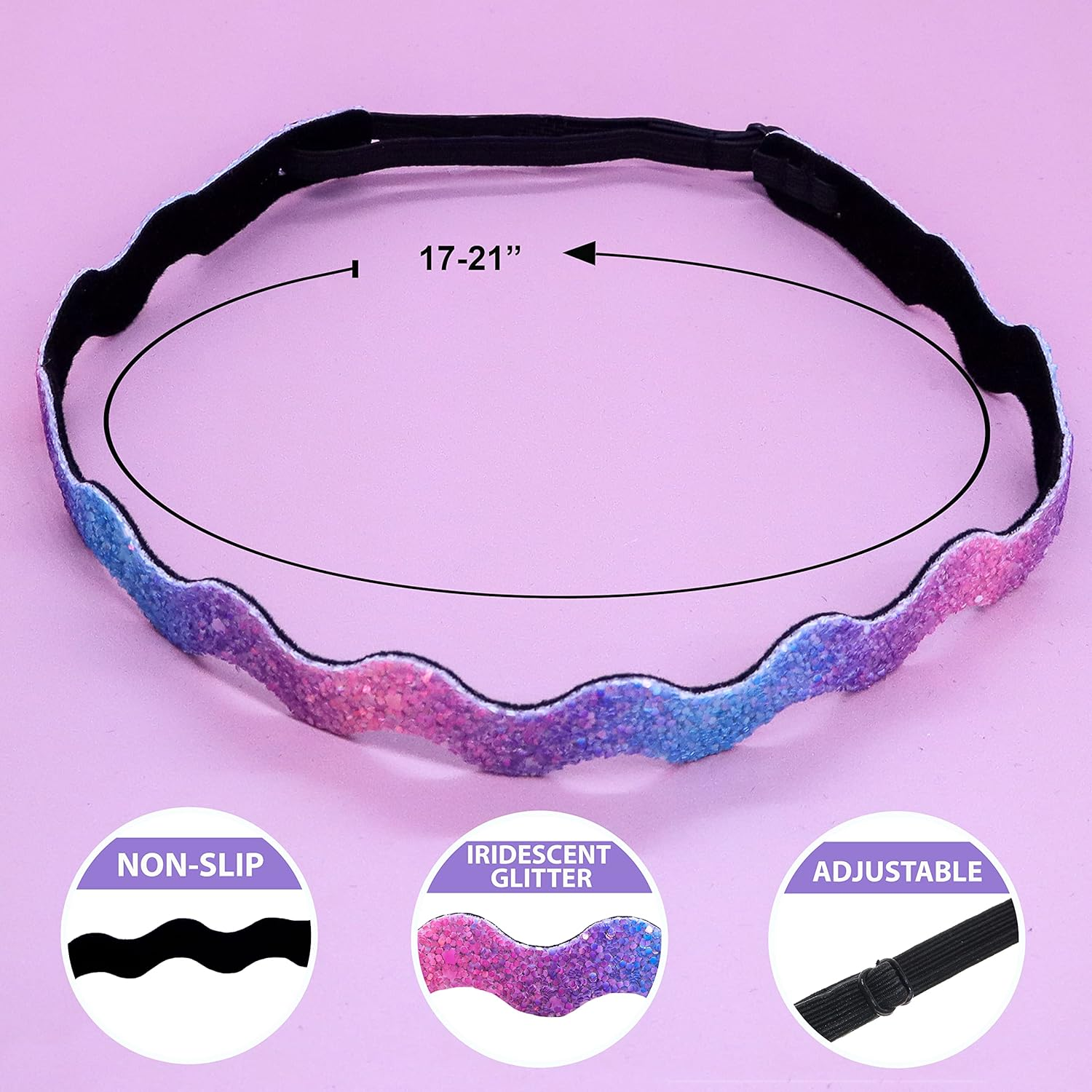 FROG SAC 6 Glitter Elastic Headbands for Girls, Adjustable Non Slip Thin Stretch Hair Bands, Wavy Sport Headband, Teen Girl Athletic Sport Head Band Accessories, Nonslip Zig Zag Toddler Hairbands