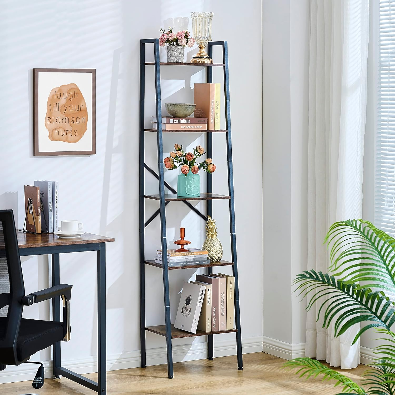 Hoctieon 5-Tier Industrial Ladder Bookshelf, Narrow Ladder Shelf, Tall Standing Bookshelf, Skinny Open Ladder Shelf, for Living Room, Home Office, Kitchen, Bedroom, Metal Frame, Rustic Brown image number 4
