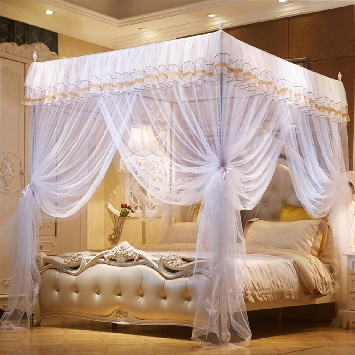 4 Corners Post Ruffle Princess Bed Canopy, Romantic Bed Drape Netting for Twin/Full/Queen/King Beds Mosquito Net Mesh for Girls Kids Adults Bedroom Dormitory Bed Curtains Canopy Bedding Decor