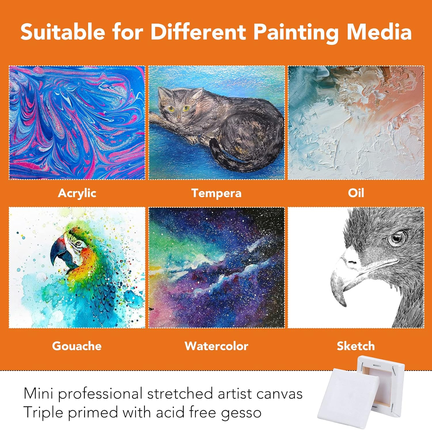 ESRICH Mini Stretched Canvas 20Pack 2.4*2.4Inch,2/5''Profile Art Primed Canvases for Painting,100% Cotton Small Professional Stretched Canvas for Kids and Art Supplies,For Acrylics,Oils&Other Painting image number 5