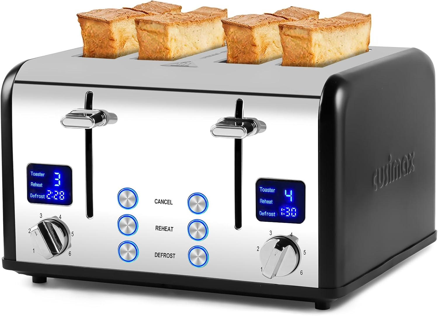 4 Slice Toaster, CUSIMAX Stainless Steel Toaster with Clear LED Display, Bread Toaster with Extra Wide Slots and 6 Browning Settings, Cancel/Reheat/Defrost Function, Removable Crumb Trays, Silver