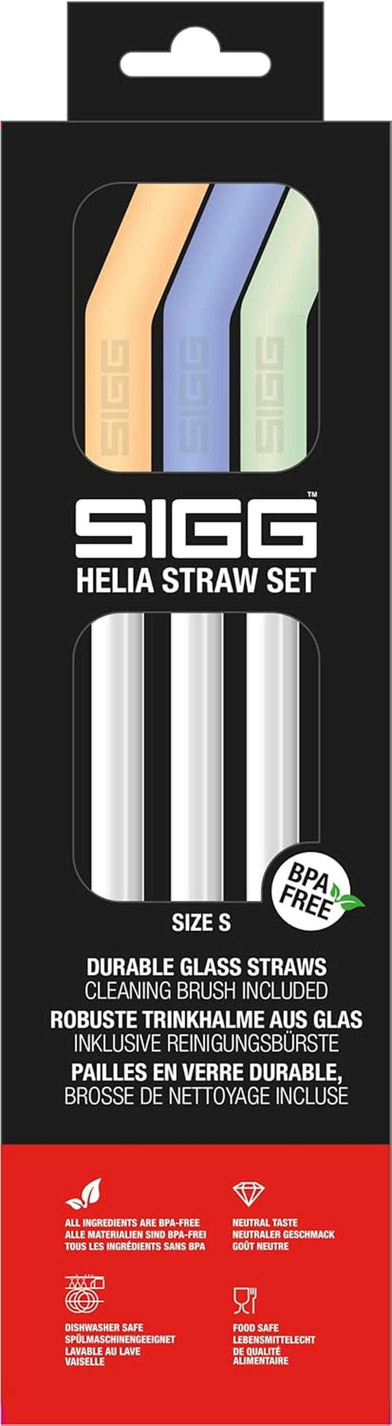 SIGG Helia Glass Drinking Straws Set (3 Pieces) Day, Reusable and Dishwasher Safe Glass Straws, Includes Cleaning Brush for Straws, Large