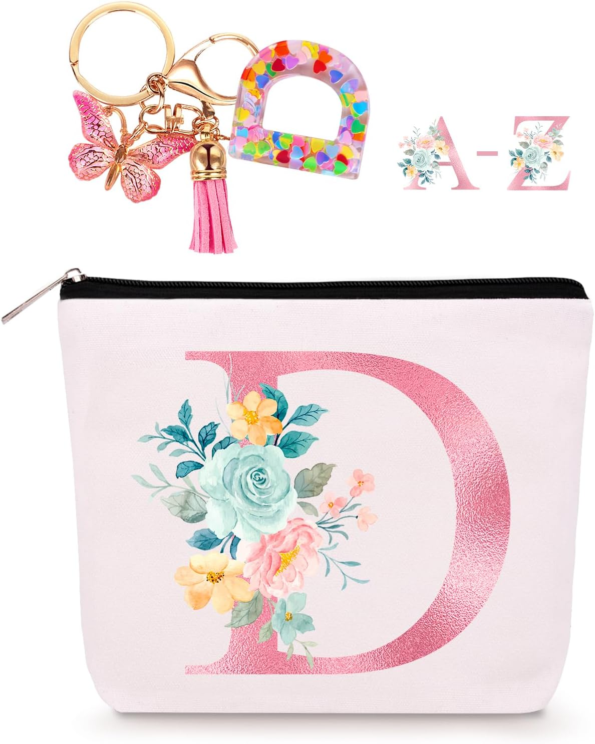 Personalized Makeup Bag with Initial Keychain, Custom Travel Initial Makeup Bag, Birthday Gifts for Women Girl Bridesmaid Teens Teacher, Monogram Small Cosmetic Preppy Toiletry Pouch, J,