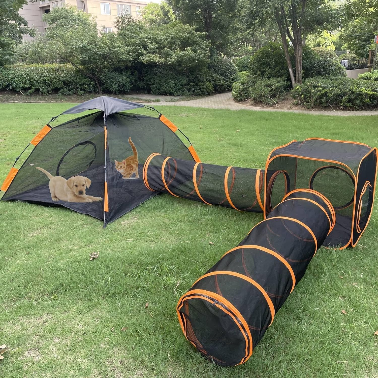 Outdoor Cat Enclosures 4 in 1 Cats Play Tunnels Portable Pop up Mesh Tents for Puppy Cat Small Pet, Cat Tent Playpen for Indoor and Outdoor, Small Animal Compound House Tent Tunnel Cube image number 4