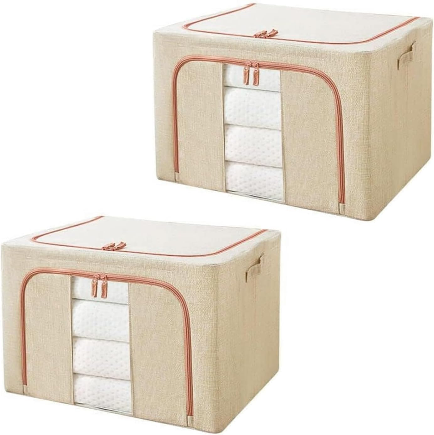 2 Pack Clothes Storage Box with Zipper, 66L Foldable Linen Container with Handles Large Capacity Storage Organizer (Beige 66L) image number 5