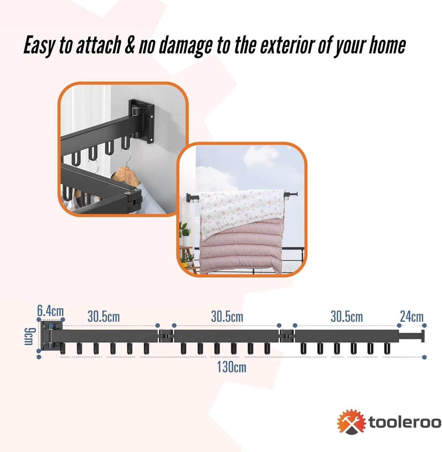 Tooleroo Clothes Drying Rack Tri-Fold Wall-Mount Space-Saving Laundry Hanger image number 4