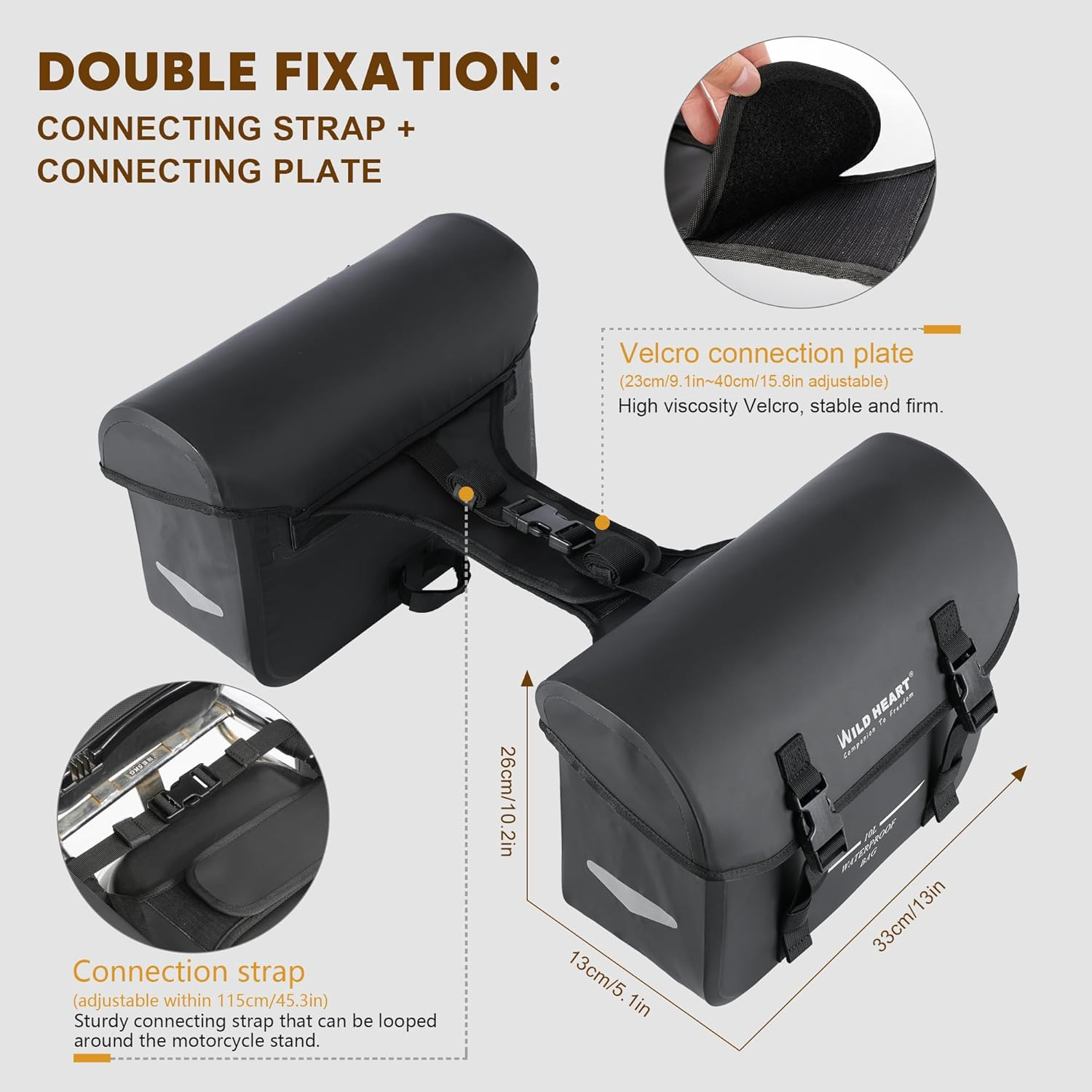 WILD HEART Motorcycle Saddlebags Waterproof Bag Retro Tail Bag 20L(10L*2) for Sportster Softtail Dyna Road King No Need for Rain Cover image number 1