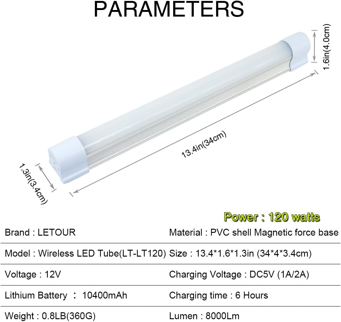 Camping Lights, LETOUR LED Tube Magnetic Work Light Bar 120W 1200Lumens 5 Dimmable Levels Camping Lantern USB Rechargeable Magnetic Lights Endurance for 80Hours (LT-LTK120 120Watts) image number 3