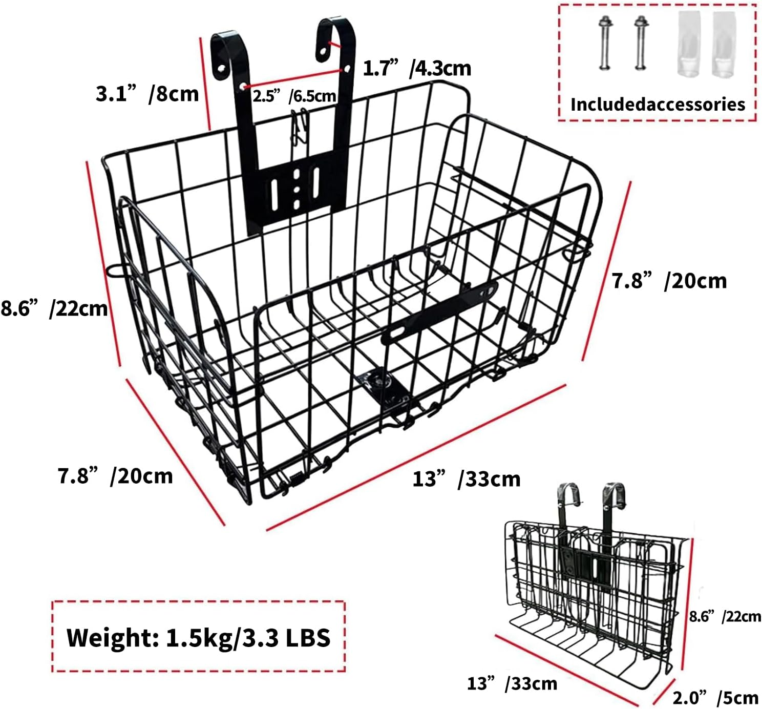 Folding Bike Front Basket, Detachable Universal Bike Basket with Handles, Rust &Water Proof Cargo Basket for Bike, Metal Bicycle Basket for Commuter Grocery Shopping Picnic, Easy Installation image number 3