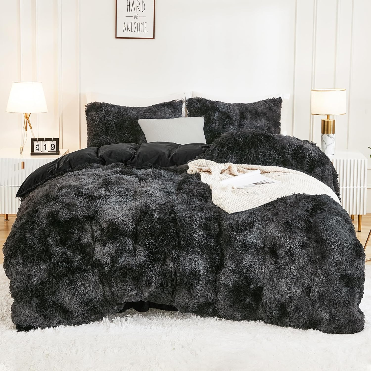 Andency Faux Fur Tie-Dyed Black Grey Comforter for Queen Size Bed, 3 Pieces Fluffy Fuzzy Plush Bedding Set (1 Shaggy Velvet Comforter & 2 Pillowcases), Soft Puffy down Bedding Set image number 5
