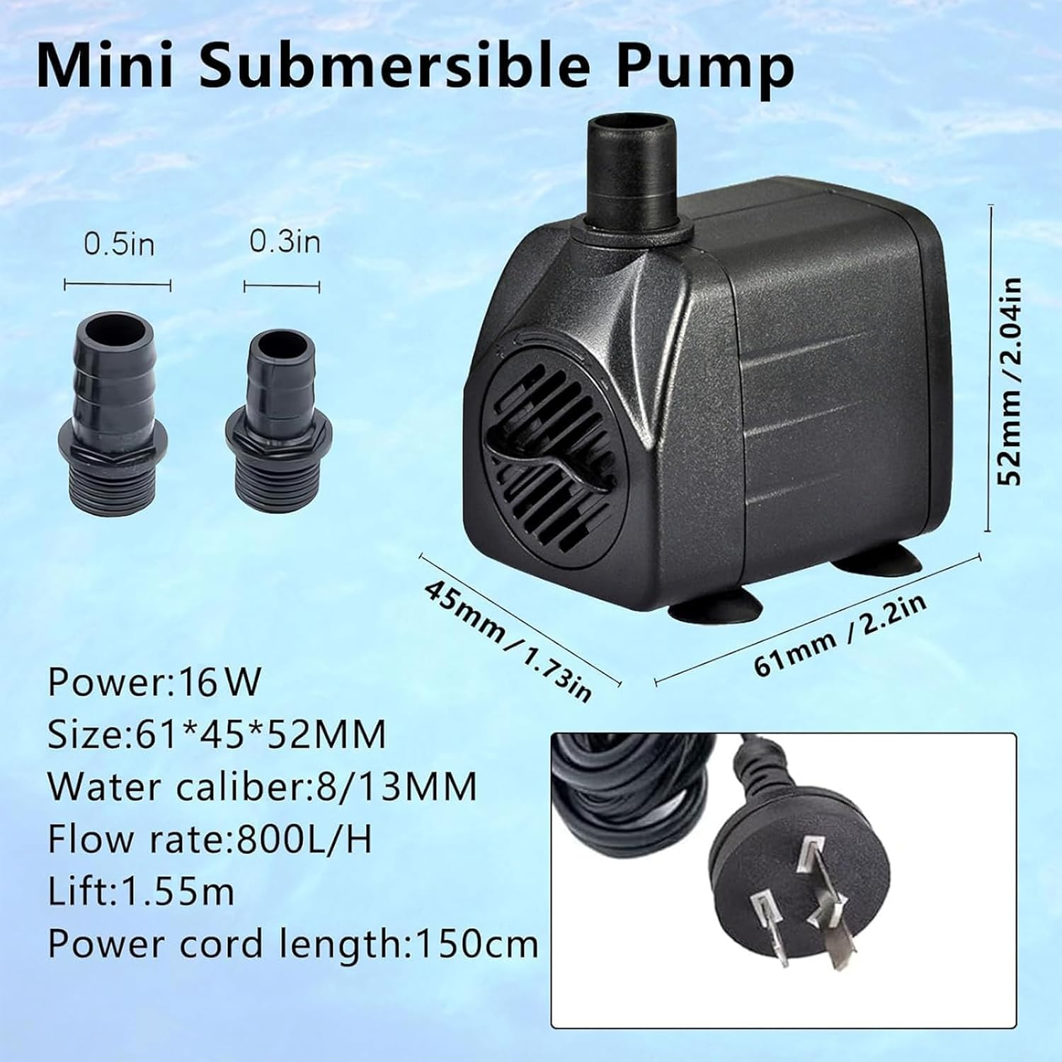 Submersible Pump, 800L/H 16W Aquarium Submersible Water Pump, Pond Pump, Ultra Quiet Adjustable Water Pump with 1.5M Power Cord for Garden Waterfall | Fish Tank | Fountain, with 2 Diameter Nozzles