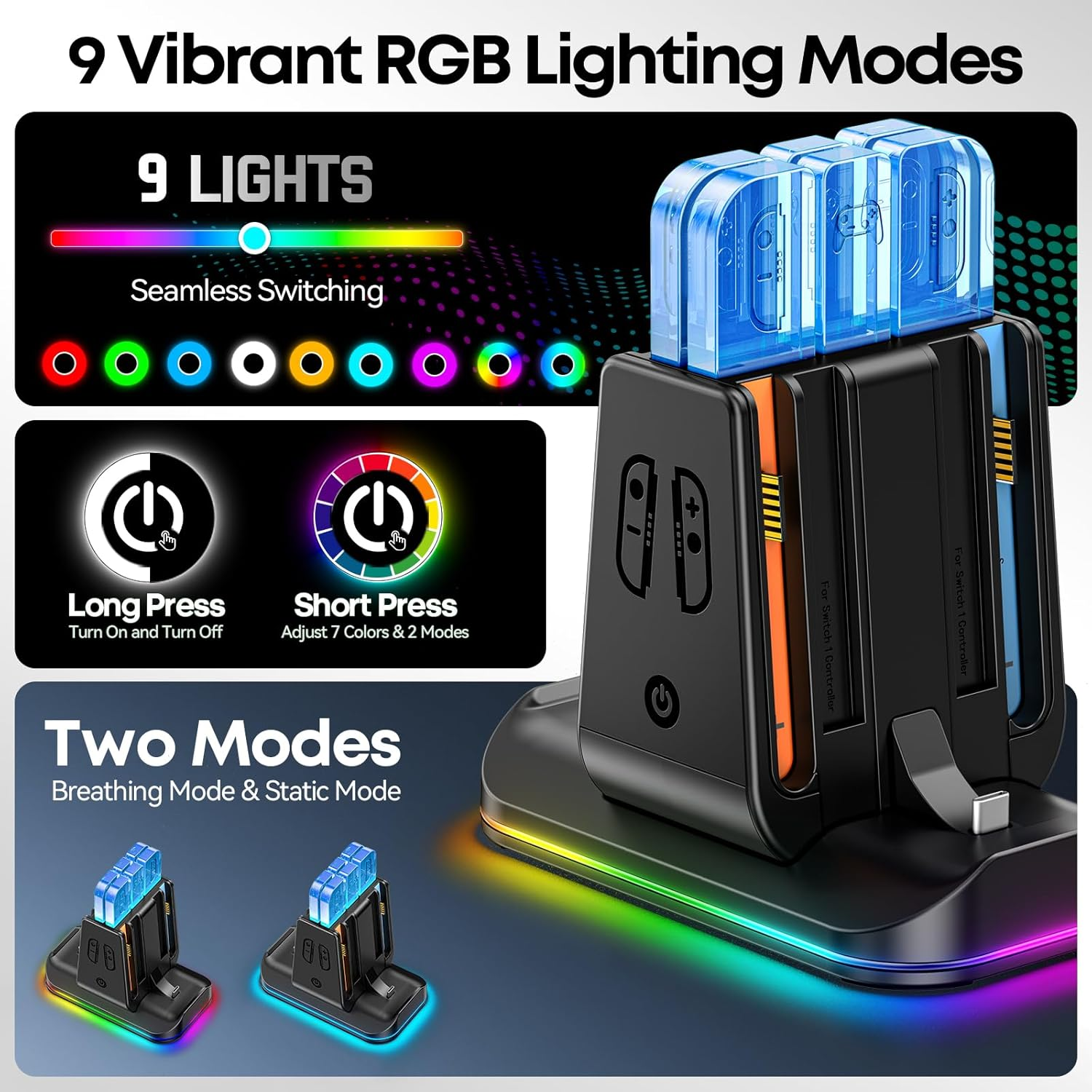 Switch Controller Charger for Joycon 2/1 & Pro 2/1 Controller, Switch Charging Dock with 9 RGB Light Modes, 6 in 1 Joycon Charger Dock for 4 Joycons and 2 Pro Controllers with LED Indicator